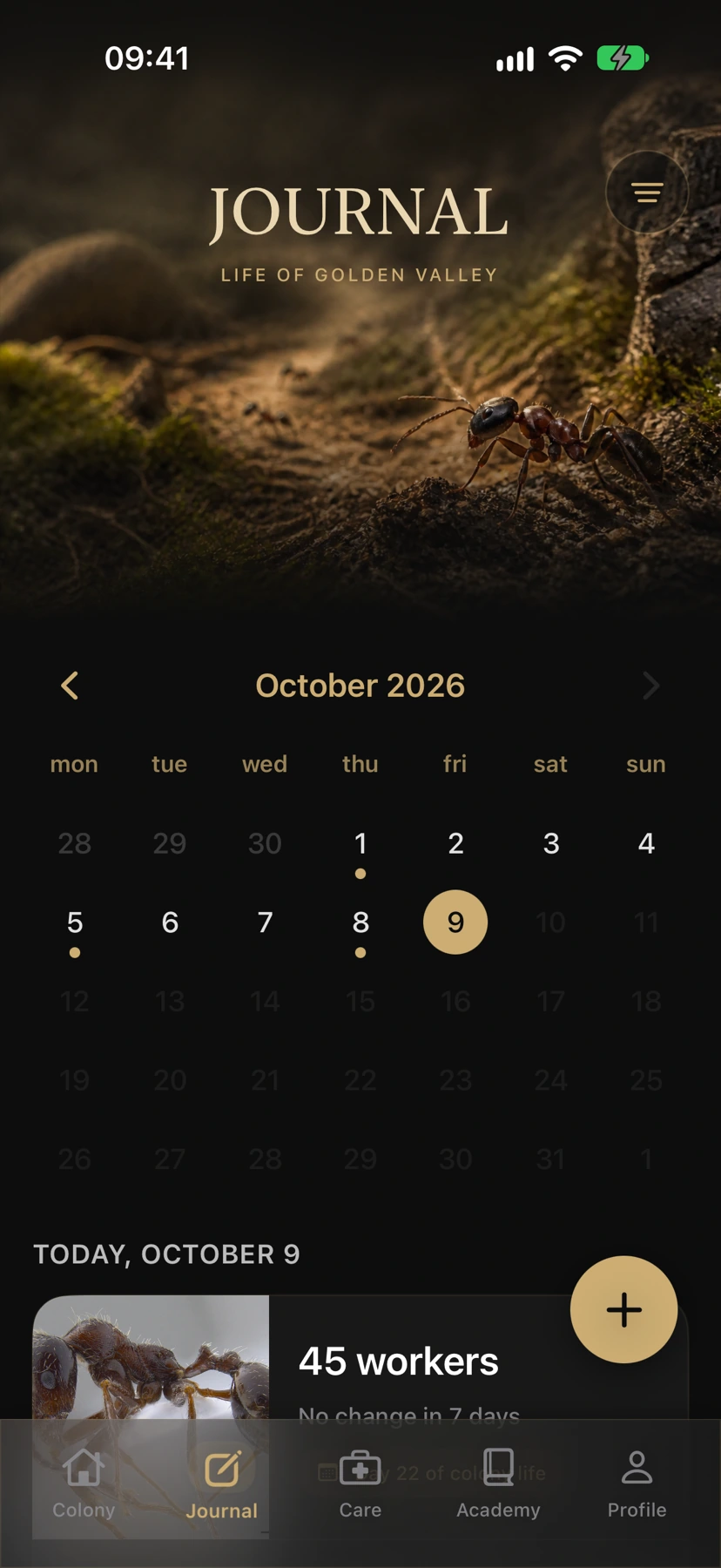 Elorium journal calendar and a colony population entry